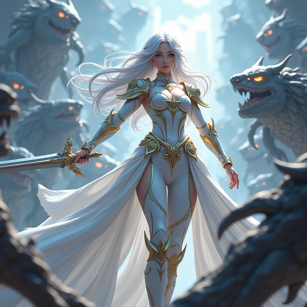 Silver haired Tall 6 Foot Goddess with deep blue eyes claded in white and gold enchanted armour holding a long sword fighting a swarm of monstersHigh Resolution, Breasts, Blue eyes, Long Hair, Silver Hair, POV, High Resolution, 3D Masterpiece, Anime Style