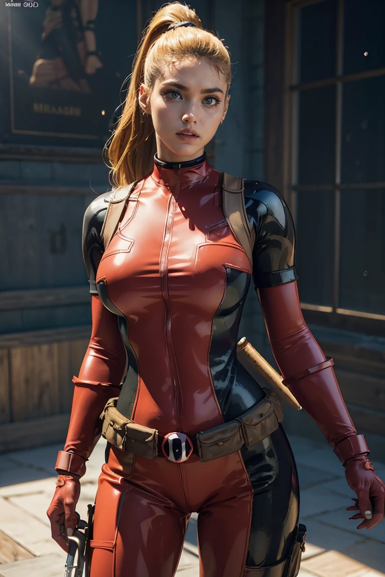 (((3d,CGI))) “cartoon art-style” realistic portrait of a sexy and busty female superhero character in the style of Deadpool, I have blonde hair., Wear tight clothing., holding a sword, Pose seductively and confidently, It is large, good figure., (best quality,4K,8ก,height,Masterpiece:1.2),Very detailed,(realistic,photorealistic,photo-realistic:1.37),Very detailed,Beautifully detailed eyes,Beautifully detailed lips,ดวงตาและใบหน้าที่มีรายVery detailed,Long eyelashes,Intricate costume details,dynamic light,Stunning shadow,bright colors,movie elements