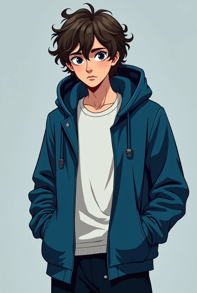 Cartoon
Um Homem, relatively young, with shoulder length brown curly hair, deep dark circles, wearing a blue velvet hooded coat with a white shirt inside, and black sweatpants. 
Paranormal Order Stroke Style.