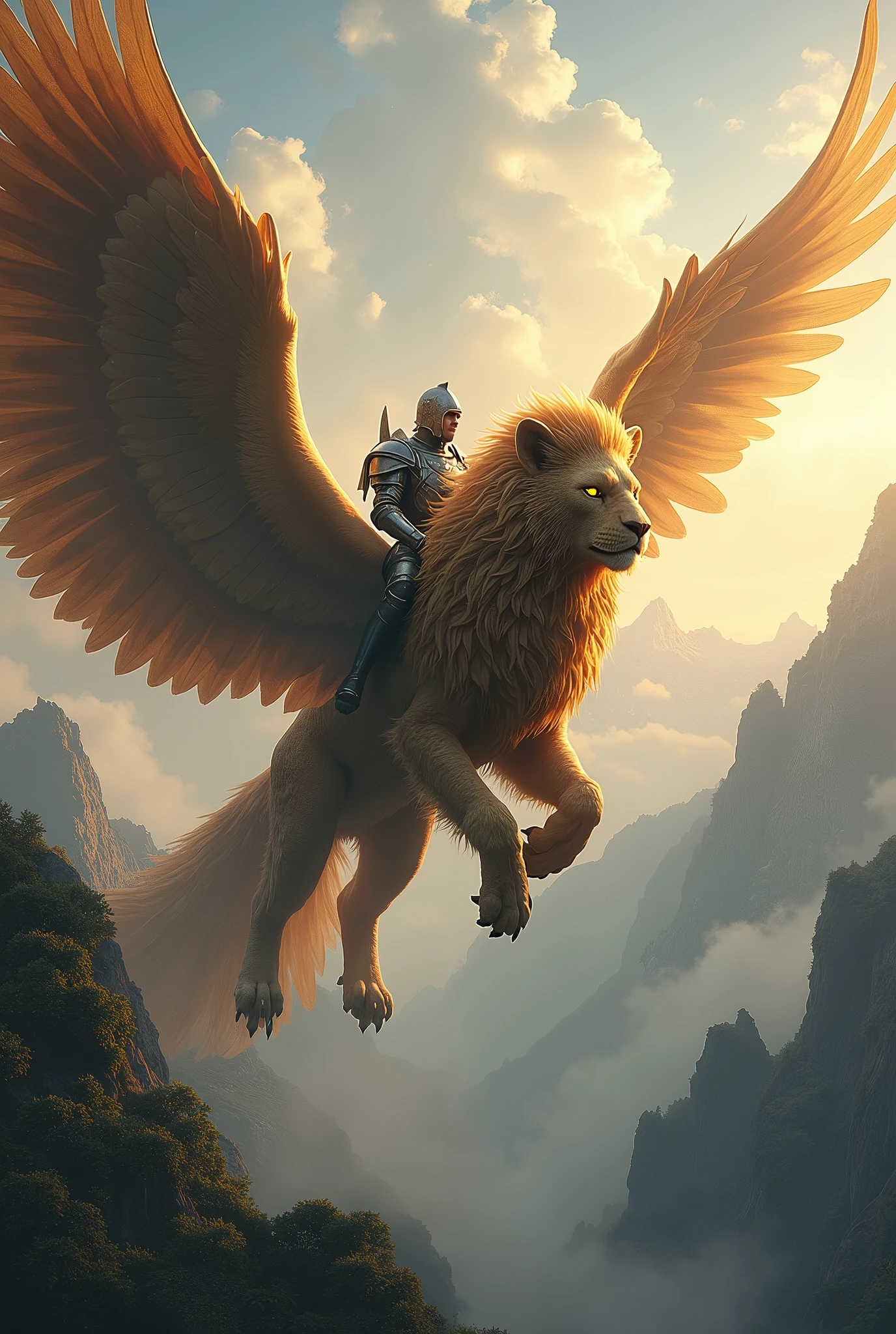 Masterpiece, Ultra-Detailed, Hyper-Realistic. A huge Griffin with enormous wings, soaring through a mythical sky. Its feathers shimmer with a mystical glow, and its powerful lion-like body is covered in sleek, golden fur. An armored knight rides on its back, The Griffin's eyes glow with an otherworldly light as they fly over a fantastical landscape of towering mountains and lush forests, all bathed in ethereal twilight. The scene captures the grandeur and ancient magic of this regal creature and its heroic rider