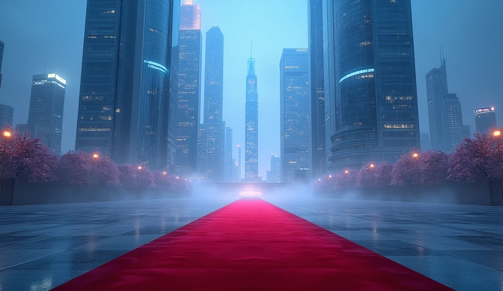 "Create a scene where towering skyscrapers loom in the far distance, giving a sense of grandeur and scale. In the foreground, a luxurious red carpet rolls out towards the viewer, leading the eye towards the distant buildings. The overall theme should be predominantly blue, perhaps with a clear sky or a twilight ambiance that casts a serene, cool tone over the entire scene."