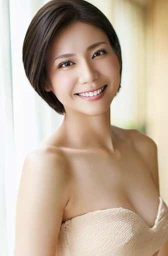 (Highest quality、4K、8k、High resolution、masterpiece:1.2)、Very detailed、(Genuine、Realistic、Realistic:1.3)、japanese women、smile、Large Breasts、short hair、completely naked、Full body photography