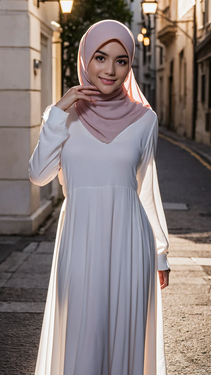 masterpiece, highest quality, 8k high quality photo, cinematic lighting, deep shadow, 1girl, gorgeous face, fearless smile, smooth soft parl skin, hijab, looking into camera, (standing on european street), model posing, front view,((cowboy shot)), (long sleeves frilled dress:1.2), at late night, ((night:1.5))