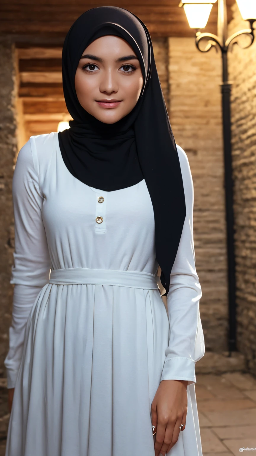 masterpiece, highest quality, 8k high quality photo, cinematic lighting, deep shadow, 1girl, gorgeous face, fearless smile, smooth soft parl skin, hijab, looking into camera, (standing on european street), model posing, front view,((cowboy shot)), (long sleeves frilled dress:1.2), at late night, ((night:1.5))