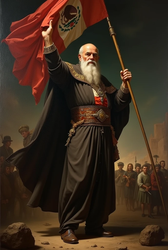 masterpiece, realist, high contrast, dark background,Caravaggio, white haired man, and bald, raised a flag of the Virgin of Guadalupe, and giving a shout, Behind you can see the ravages of war, Miguel Hidalgo, hero of independence, from Mexico, high contrast, Renaissance painting style, baroque, Rembrandt,