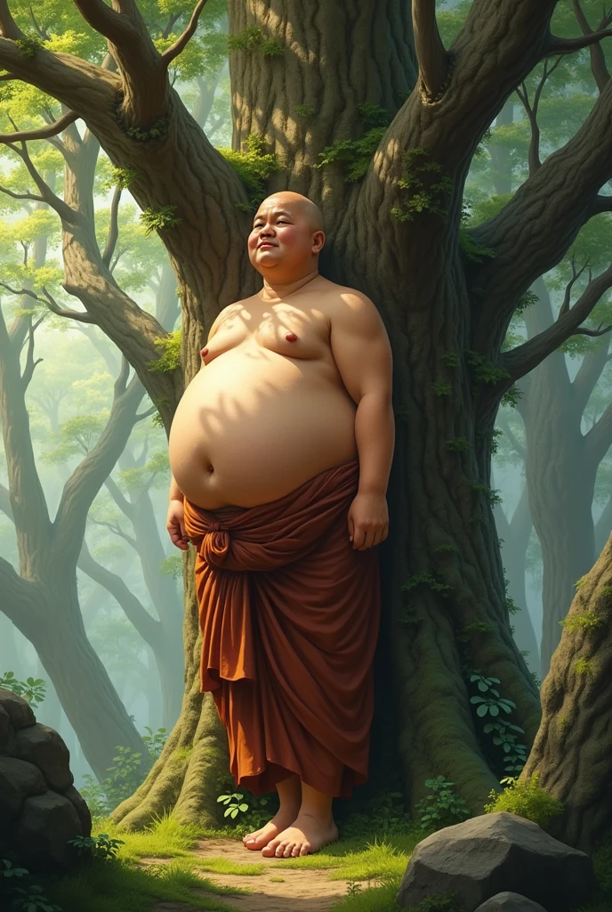 Kid monk with big stomach is trying to climb the tree