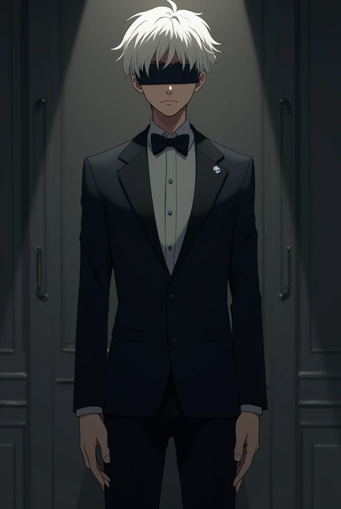Animated 20 years old boy wearing black tuxedo, dark blindfold, white hair in the dark room