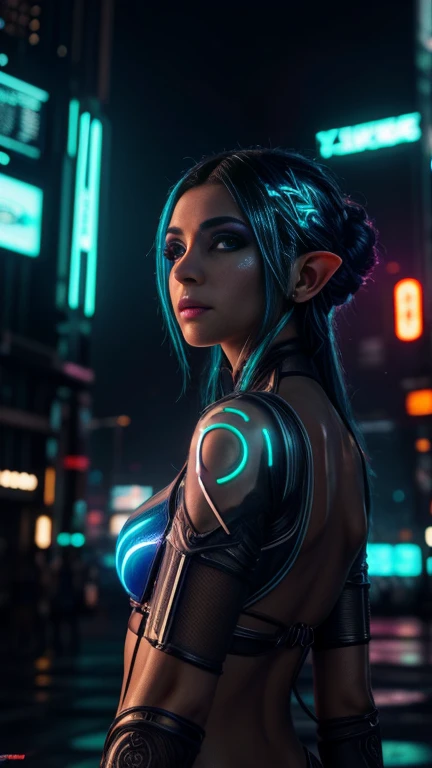 a beautiful elf girl in a transparent cyberpunk tunic bikini, 1girl, beautiful detailed eyes, beautiful detailed lips, extremely detailed eyes and face, long eyelashes, intricate cyberpunk outfit, neon lights, glowing cybernetic enhancements, futuristic city landscape, dramatic lighting, muted color palette, cinematic composition, digital painting, highly detailed, photorealistic, 8k, masterpiece