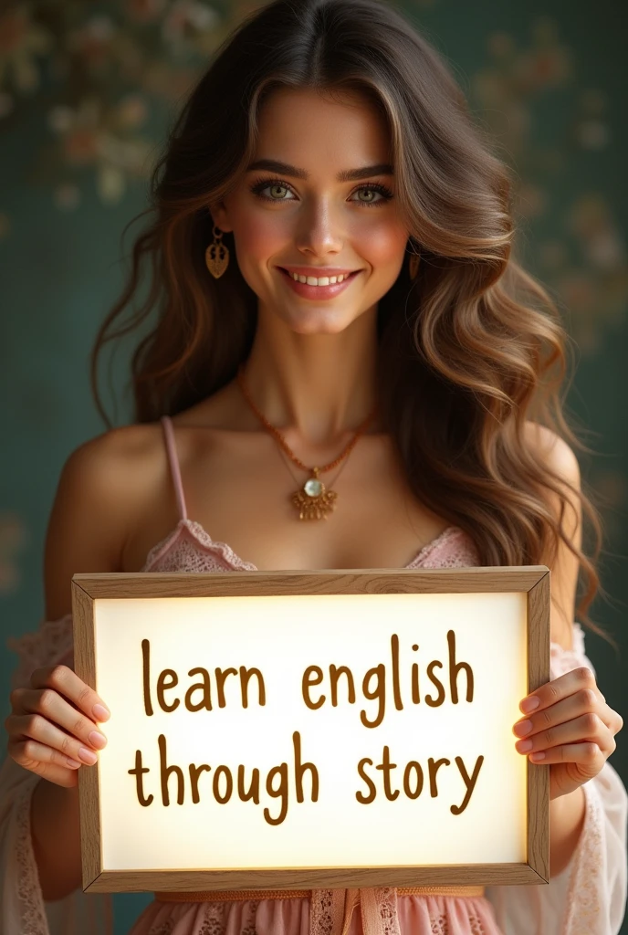 Beautiful girl with heart-warming smile and wavy long hair, bohemian dress, holding a white board with text "learn English Through Story" and showing it to the viewer, the board is glowing with the text.