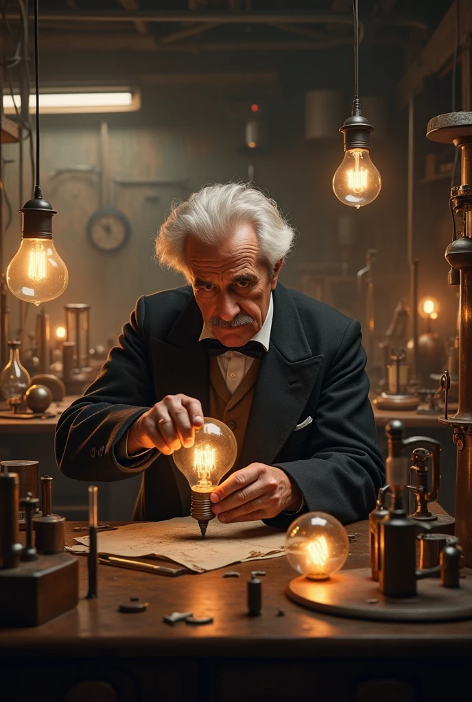 Thomas Edison in his Workshop: "A historical scene depicting Thomas Edison working in his laboratory, surrounded by early light bulb prototypes and scientific equipment from the late 1800s."