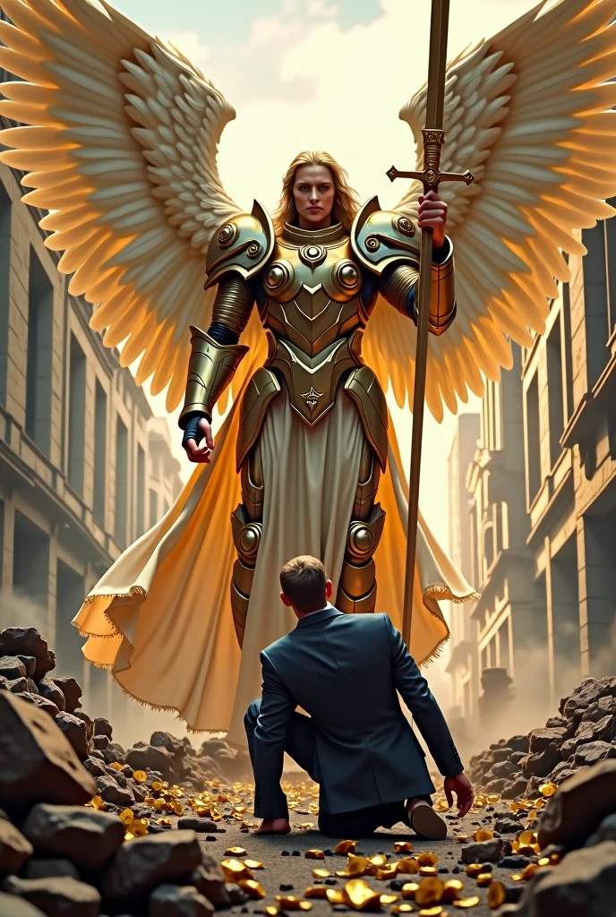 Archangel in armor pointing sword and defeating a fat evangelical pastor kneeling before the Archangel wearing a suit, money falls out of the suit pockets, they are in a destroyed city