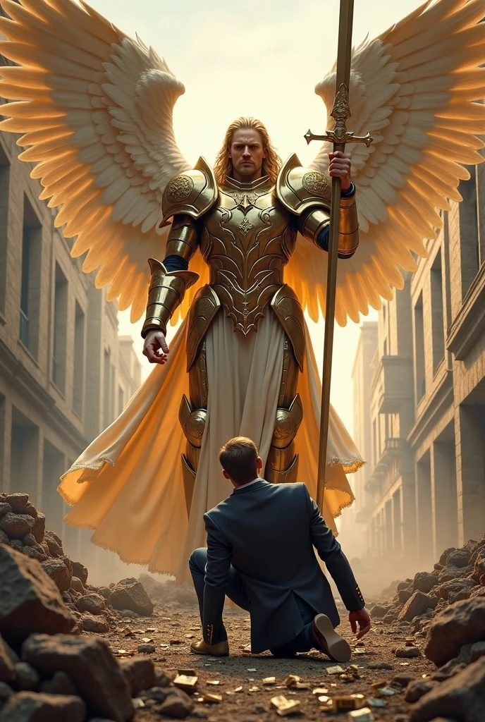 Archangel in armor pointing sword and defeating a fat evangelical pastor kneeling before the Archangel wearing a suit, money falls out of the suit pockets, they are in a destroyed city