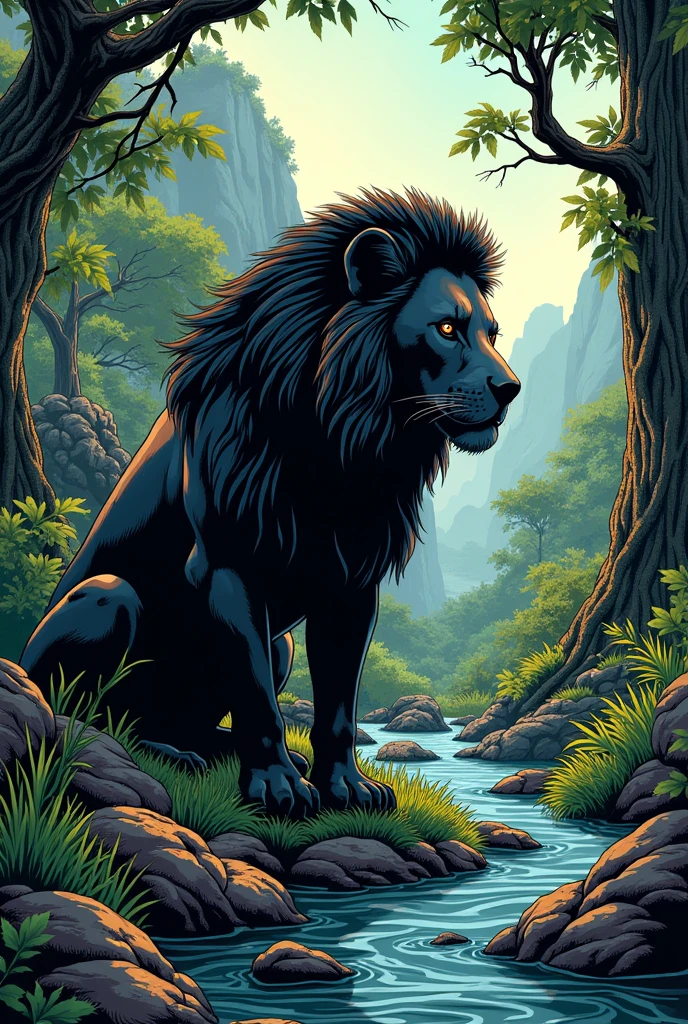 A black hyena and a lion sitting together, they are in a place full of forests, rivers and animals, the scene contains vibrant and quite striking colors, comic book style.