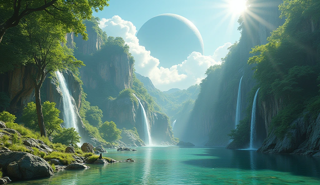 SPACE SNOW FLYING LOW Isometric perspective view. Immerse yourself in a paradise world, enlightened and rich, where the purity of the air and the cleanliness of the environment create an atmosphere of unparalleled serenity. A large nearby planet adorns the crystal-clear sky, complementing the natural beauty of the landscape. Majestic waterfalls flow constantly, serving as the heart of this paradise. The inhabitants of this world, beings similar to humans but more beautiful, tall and elegant in their walk, They live in perfect harmony with nature. Their R Style homes. h. Giger, They are mega futuristic, They are perfectly integrated into the natural environment, merging with the flora and fauna that surrounds them. the sun shines brightly, making the waters sparkle with an almost magical glow. The temperature is ideal, further beautifying the air, while the inhabitants of this place enjoy an eternal and happy existence. The film presents an intricate and harmonious landscape, Captured in a hyper-realistic high-resolution image at 8K. every detail, from artifacts to natural elements, It is highly defined and focused, revealing the perfection of this alien paradise. The cinematography uses a superior wide-angle lens with the maximum possible aperture., allowing every aspect of the scene to be captured with stunning clarity and depth. The lighting is carefully designed in a professional film studio, ensuring that every corner of the stage shines with an ethereal light that enhances the beauty and peace of this world.. "Eternal Harmony" It is a visual journey to an alien paradise, a place where the perfection of nature and the harmony of its inhabitants create a world that seems to be out of time. This idyllic setting invites us to reflect on the beauty of a life lived in harmony with the environment., a reminder of what can be achieved when technology and nature