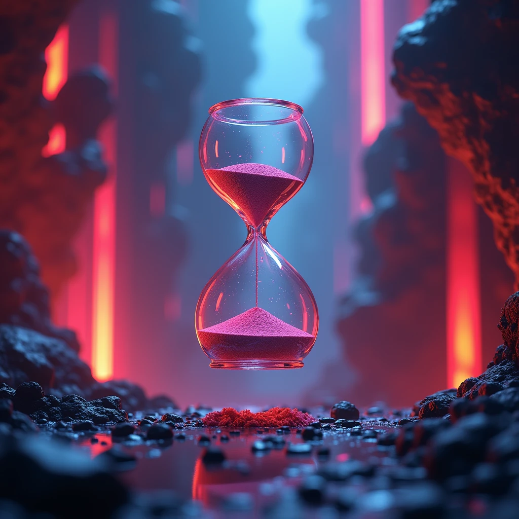 Floating futuristic hourglass on midair, with neon glow red and blue in background