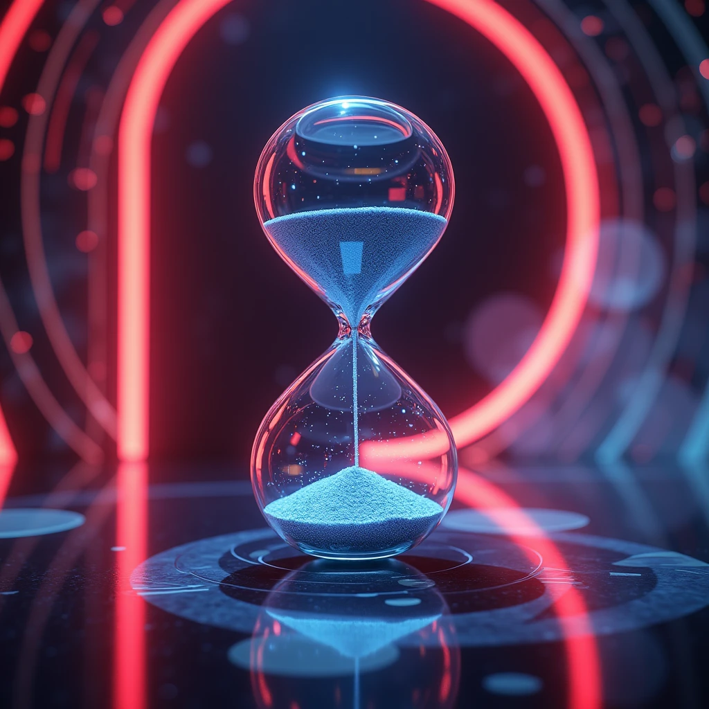 Floating futuristic hourglass on midair, with neon glow red and blue in background 
