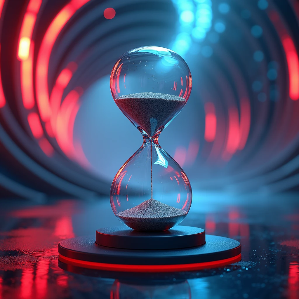 Floating futuristic hourglass on midair, with neon glow red and blue in background 
