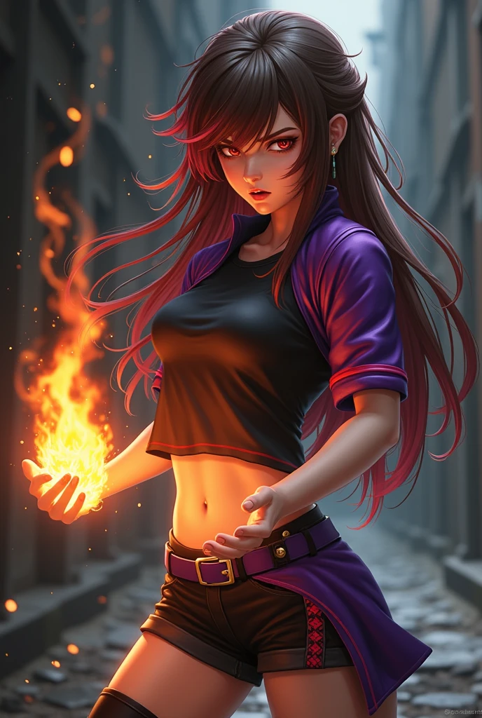 1 rebellious brunette girl, serious face, looking to the side with an angry look, cloused mouth, long brown hair with red highlights at the ends, wearing a black shirt with a purple shoulder covering with red details on the ends, a purple side skirt with red details, wearing black knee-length shorts, red fire powers in hands