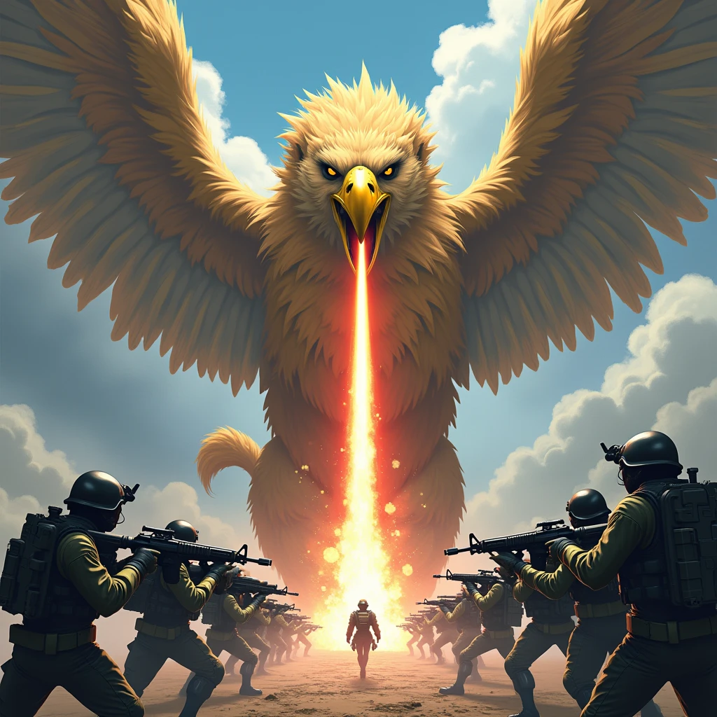 Anime Style,
A griffin with the head and wings of an eagle and the body of a lion, Shoots a laser beam from its beak, Soldiers with guns around