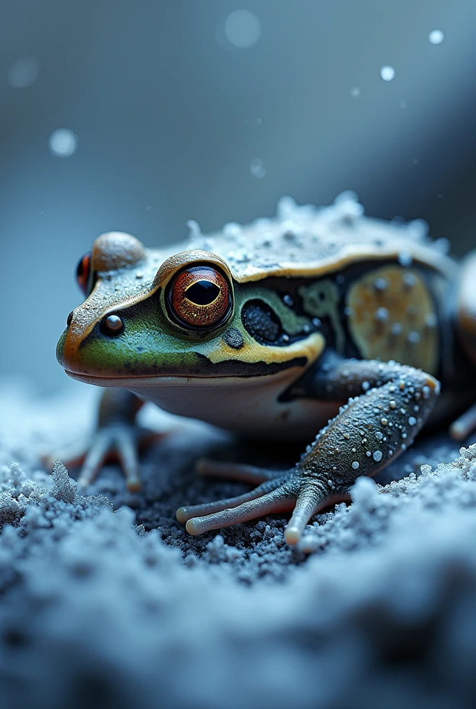 Create a realistic and detailed animation of the internal process of a wood frog (Rana sylvatica) producing antifreeze substances to survive freezing temperatures. Start with a close-up view of the frog's liver as it begins converting stored glycogen into glucose. Visualize the glucose spreading throughout the frog’s body, especially into its bloodstream and cells. Highlight how the glucose acts as a cryoprotectant, preventing ice crystals from forming inside the cells. Show the water moving outside the cells, where ice forms safely in the spaces between cells. The animation should also illustrate the frog's body temperature dropping to match the environment, with its heart rate slowing down to a near stop. The overall effect should convey the intricate and miraculous nature of this survival mechanism.