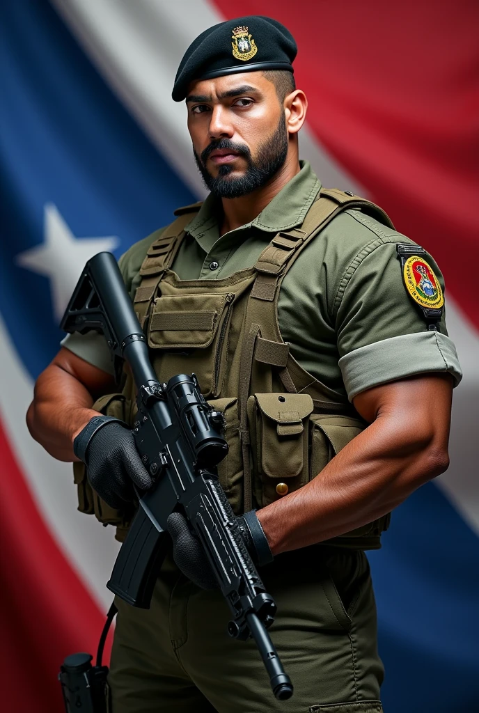 There is a young Puerto Rican military man of 1, strong and with a moderate and trimmed beard, standing, in green camouflage combat uniform, black beret tilted on his head and rifle in his hand. Flag of El Salvador in the background.