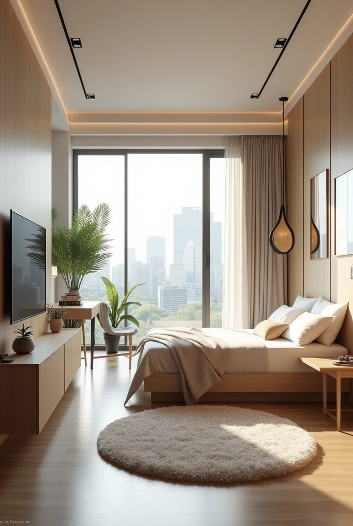 A room with moderna style with a bed, TV, closet, some have mirrors, desk and mats