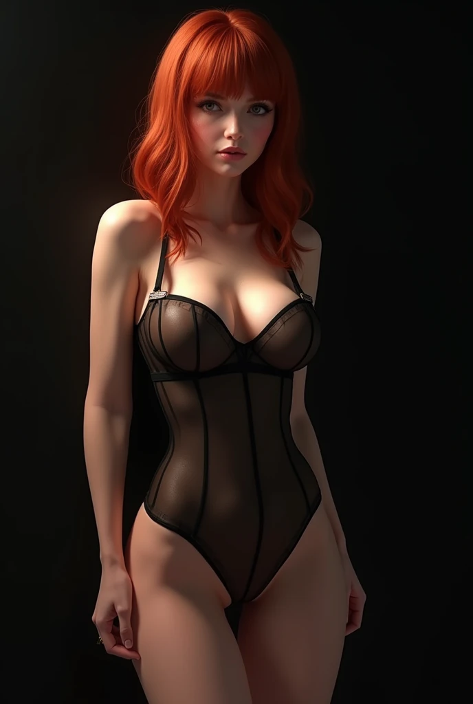 1girl, full body,big boobs and ass ((wearing black mesh)), blush, perfect illumination, red hair, unreal engine, sidelighting, detailed face, bangs, bright skin, simple background, dark background,