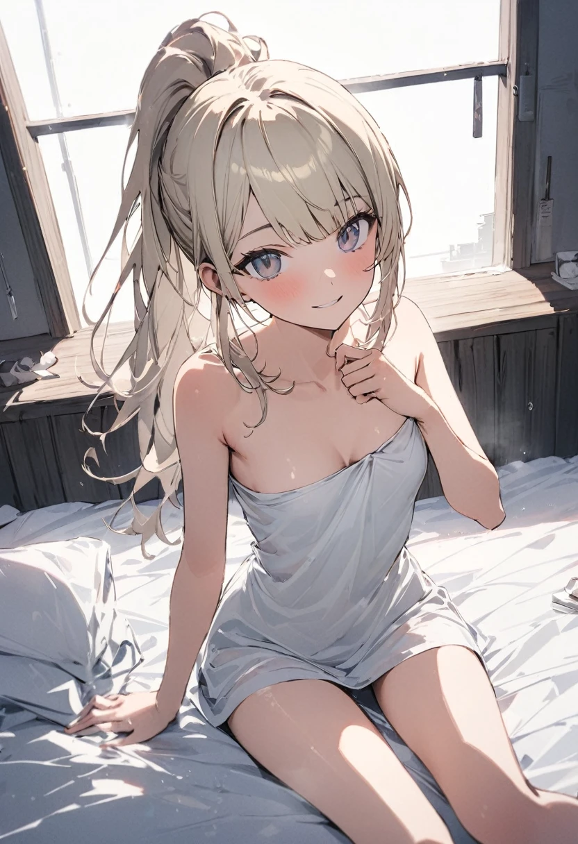 view from viewer,one person, (high school girl,relaxing after a hot bath),slim,small breasts,feminine,platinum_blonde ponytail hair,side bangs,Slope_eye),BREAK,happy with me,(in my room bed),BREAK,conceptual art, masterpiece, Super Detail, Attention to detail, high quality, 最high quality, High resolution