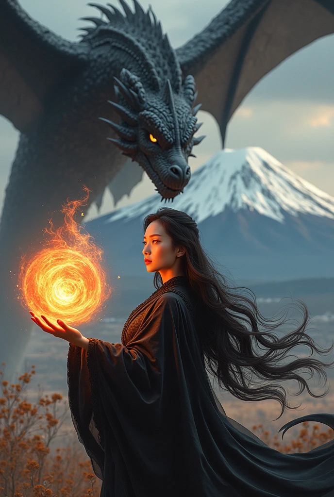Fuji photo, asian woman, white skin, Oval face, long wavy hair, Holding a fireball, Black Witch Costume, Behind is a floating black dragon.