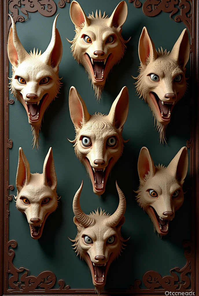 In ancient China, There are several strange animal heads hanging on the walls, (Facial detail optimization: 1.5) (masterpiece), (advanced: 1.5), Top CG, best quality, Correct proportions, Perfect composition, High quality details, Perfect details, (Super detailed CG: 1.2), (8K: 1.2), Practical, Octane Rendering,