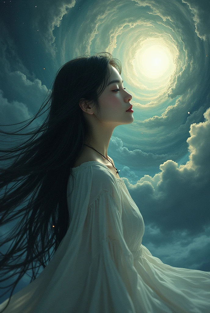 A umagem.about humanity, the universe and its thoughts on the unknown Give me another more beautiful and mysterious image with a female character with long black wavy hair 