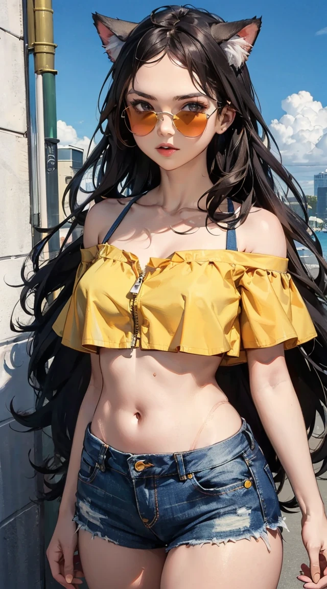 masterpiece, 1girl, very long curly hair, brown hair, large expressive eyes, light green eyes, wearing a off-shoulder crop top, blue denim open short, shorts with a frayed hem, sunglasses on her head, tanned skin, tan line, openzipper, cat girl