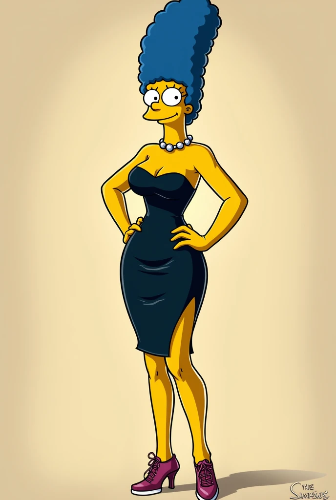 Marges simpson tight dress, full body slim, messianic breasts sexual traits, smile closed mouth sneakers short heels, cartoons bold pose