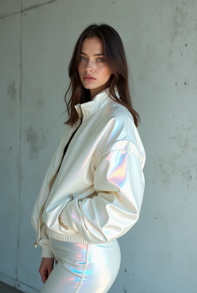 High-resolution editorial fashion photography, shot on 35mm film, [young female model with a modern look and fair skin, straight hair], full body shot, great perfect body hourglass busty big tits [holographic white futuristic jacket with iridescent sheen], [minimalistic studio setting with a textured gray wall backdrop], [soft diffused lighting creating a sleek and polished mood], [model facing the camera, slightly angled, with a confident stance], [shot on Fujifilm Pro 400H], [iridescent white, soft gray, subtle pastel hues palette]