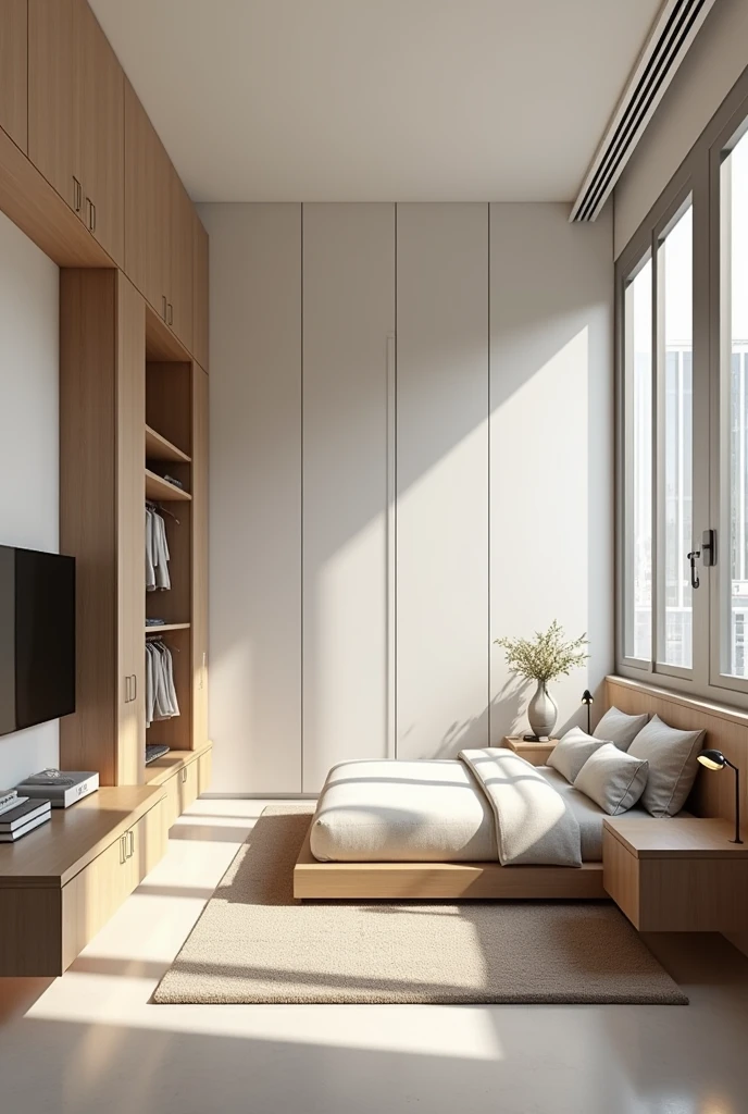 A room with moderna style with a bed, TV, closet, some have mirrors, desk and mats