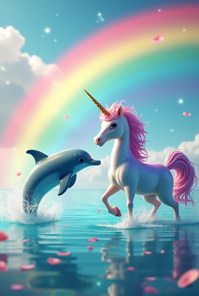 You create me a Dolphin with a unicorn and a rainbow?
Add more colors!