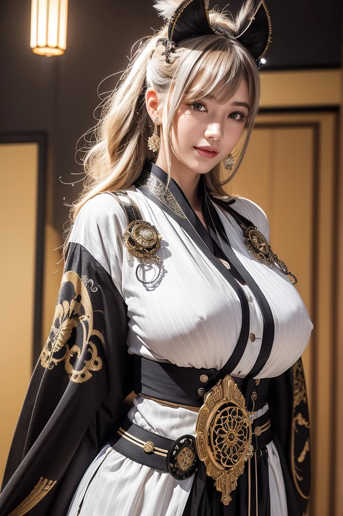 Woman portrait、Highest quality、8k, clear, Fine skin、Clear, beautiful eyes、The beauty of a smile、Bright beautiful face、whole body、Curly Hair、My hair was messed up by the wind、(Big Breasts、Muscular、tall),(Hip_superior, Hip superior), Beauty,( Watching the audience),Realistic, High resolution, Soft Light,1 female, One person,(Champagne gold hair),ponytail,bangs,Fine Skin, Naughty look,((Open-neck steampunk kimono,medallion,Mature Woman,white dress shirt)),steampunk style、Costumes decorated with lots of gear and watches,(Silver and black stripes,Sailor-style armor with collar)、Beautiful Steampunk Guild Staff Costume Banker Uniform,(Silver and black mech,Silver Steampunk Kimono, High leg,Beads,elbow gloves、Gemstone Helmet,Luxurious obi,Lavish decoration,fake animal ears)、((arms behind back)),(bokeh),(studio lighting)