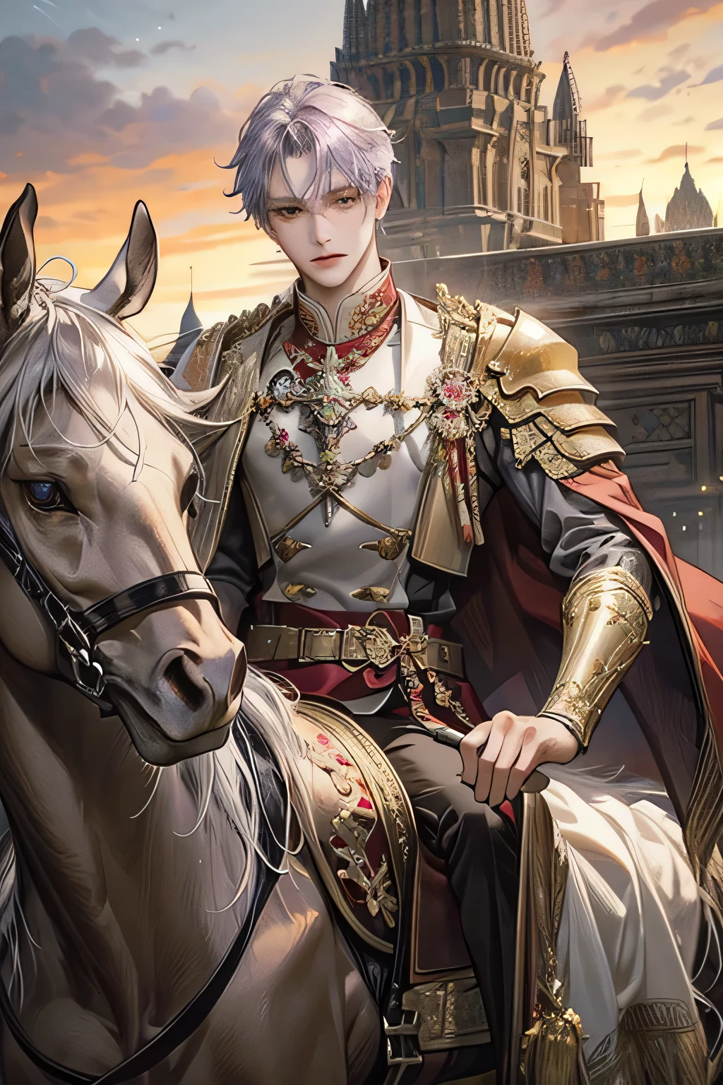Best Quality, 4K, 1Male, Lavender Hair, Grey eyes, Red suit, Gold and Red armor, Javanese Knight Style, Prambanan Temple background, Masculine sixpackbody, Swordmaster, Royal palace, ridding Horse, Detailed Eyes, Detailed Face, Accurate Whole Body, Masterpiece Body, Accurate, High definition