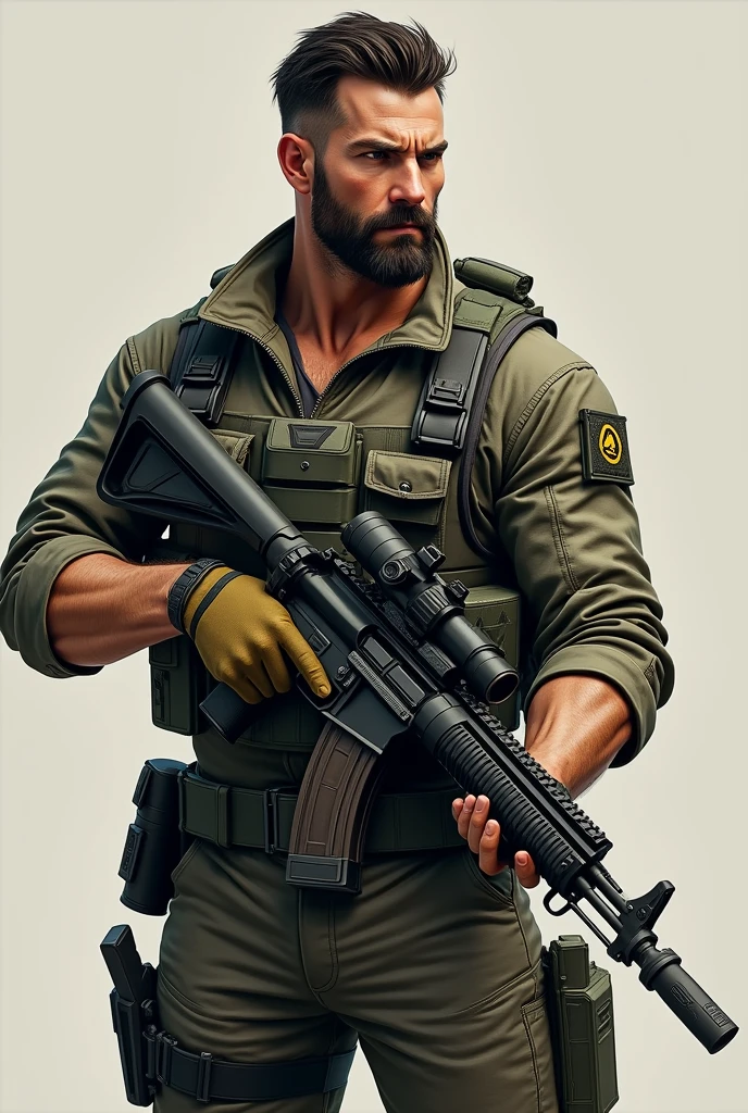 A 30 year man who pubg suit have a big machine gun in only one hand and machine gun , looking at screen realistic image face and body properly visible body facing front side while man looking left side man alon in image make it cartoon effect