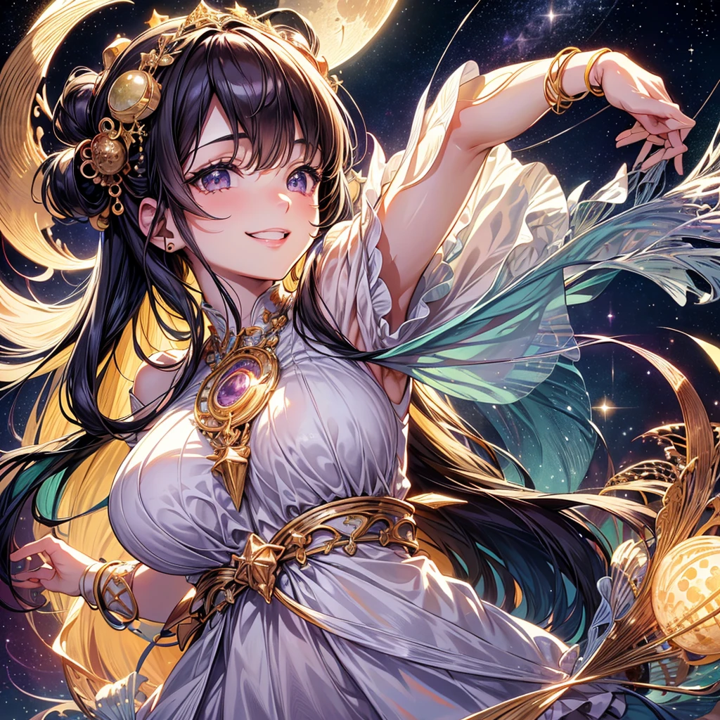 (Sun, moon and stars,night sky),(Masterpiece、top quality、top quality、official art、Exquisite and beautiful:1.2, Hinata hyuga,Current Ions,aurora,Very detailed、(fractal art:1.3)、Colorful、most detailed, big breasts, (Posture in motion:1.4)、Beautiful and delicate face with details、Beautiful and delicate eyes with details、Very fine eye definition,((natural smile)), Looking at viewer, solo, wearing beautiful komono, Jewelry,