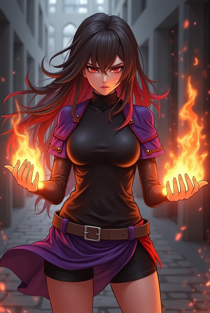 1 rebellious brunette girl, serious face, looking to the side with an angry look, cloused mouth, long brown hair with red highlights at the ends, wearing a black shirt with a purple shoulder covering with red details on the ends, a purple side skirt with red details, wearing black knee-length shorts, red fire powers in hands