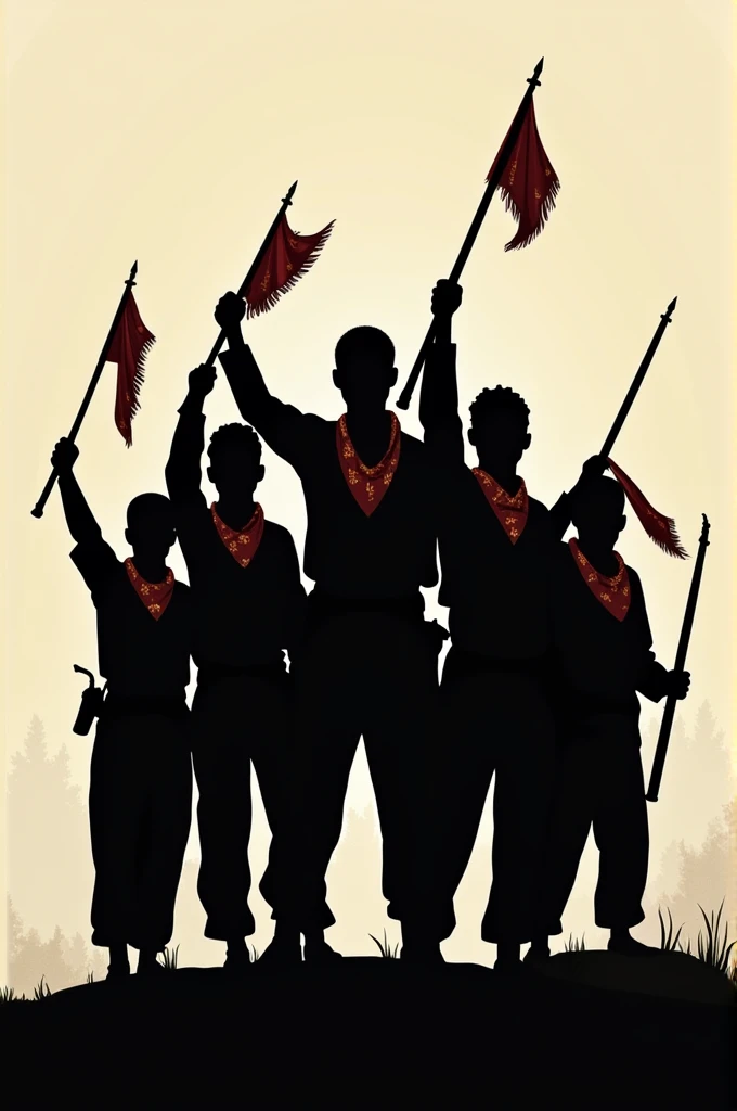 Make me a silhouette of Katipuneros wearing their Iconic handkerchief in the neck and raising their weapon make the background the easiest to remove 