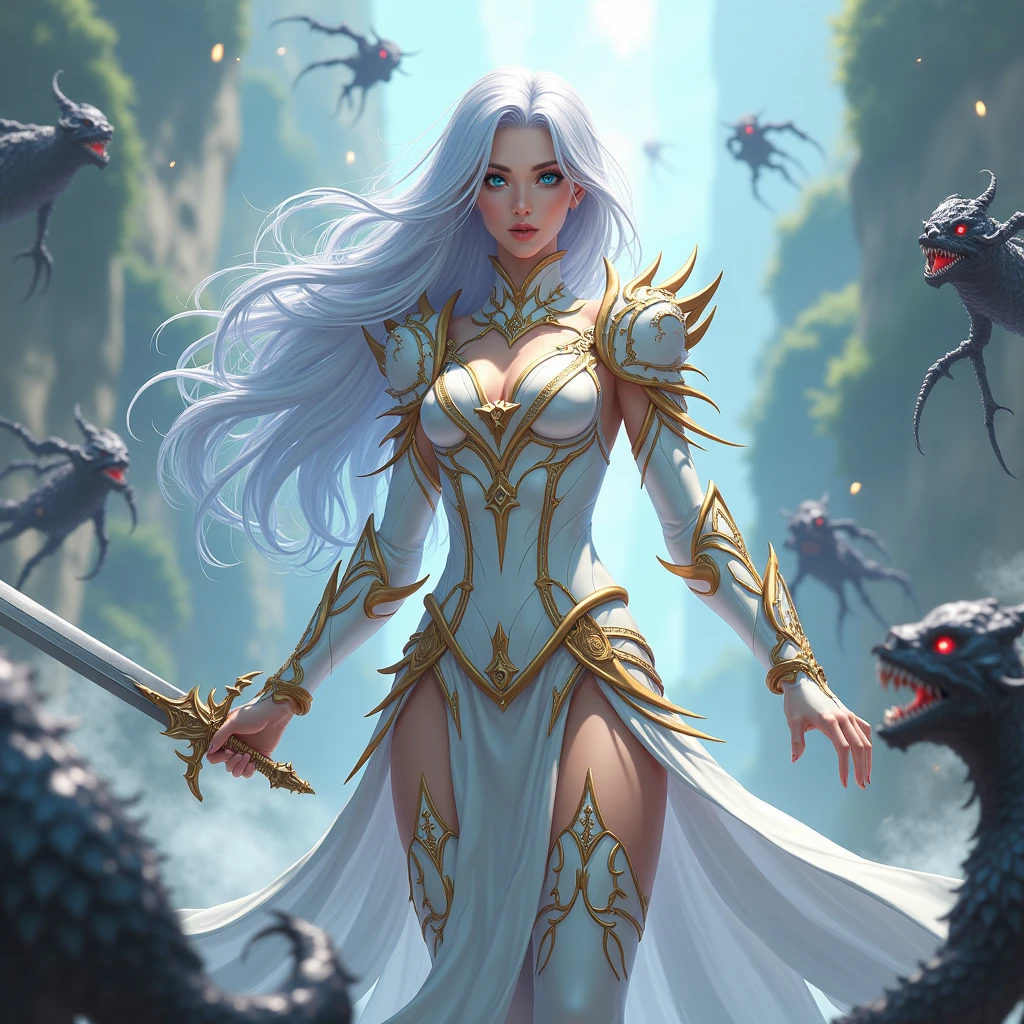 Silver haired Tall 6 Foot Goddess with deep blue eyes claded in white and gold enchanted armour holding a long sword fighting a swarm of monstersHigh Resolution, Breasts, Blue eyes, Long Hair, Silver Hair, POV, High Resolution, 3D Masterpiece, Anime Style