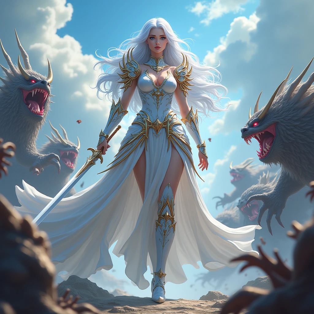 Silver haired Goddess with deep blue eyes claded in white and gold enchanted armour holding a long sword fighting a swarm of monstersHigh Resolution, ???????, Blue eyes, Long Hair, Silver Hair, POV, High Resolution, 3D Rendering, 