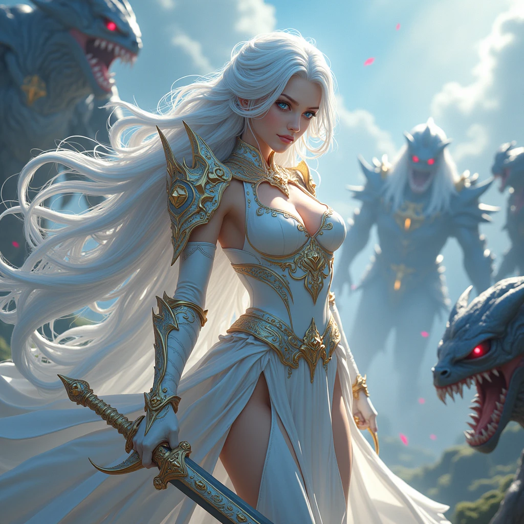 Silver haired Tall 6 Foot Goddess with deep blue eyes claded in white and gold enchanted armour holding a long sword fighting a swarm of monstersHigh Resolution, Breasts, Blue eyes, Long Hair, Silver Hair, POV, High Resolution, 3D Masterpiece, Anime Style