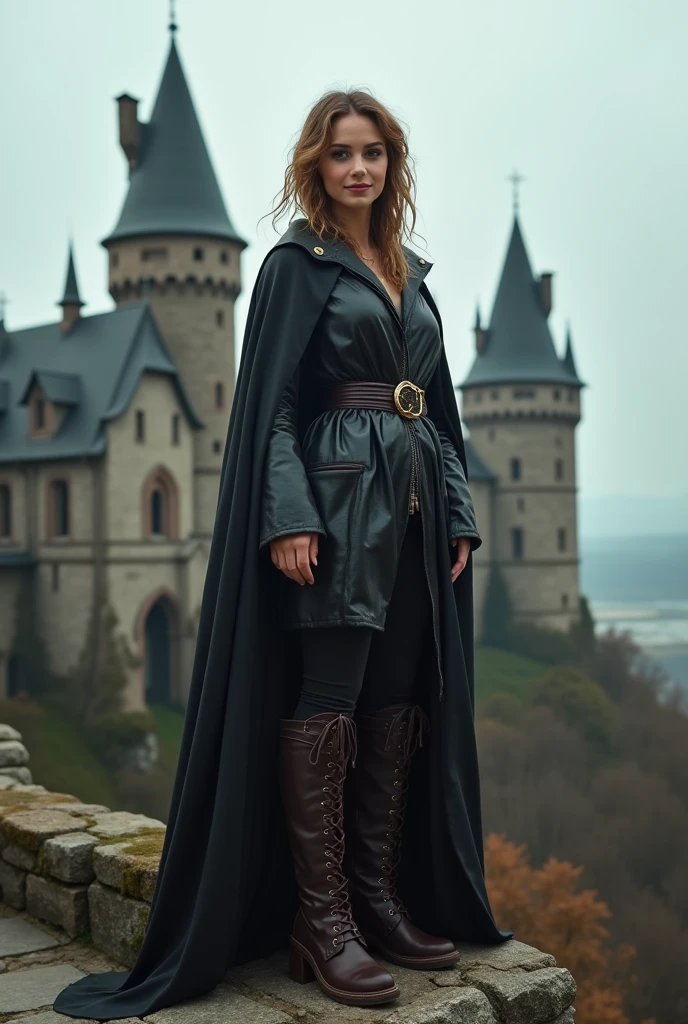 complete photo of a 30 years old woman with light brownblond hair. She is standing on the walls of a medieval castle. She is wearing a glossy black leather fantasy wizard costume and a leather cloak. She is also wearing brown leather overknee boots. She is smiling mischievous.