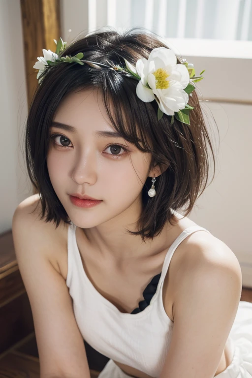 (2 Japanese girl,), (Small breasts:1.5,),(solo,Textured skin, Detailed skin,Detailed face,Detailed eyes,detailed posing,Natural eyebrows,Perfect limbs,High detail, Highest quality, Super detailed, Surrealism, ,8k,RAW Photos,Photographicism,Professional Lighting,Portrait Photography,),((Black Hair, Dark Eyes,Natural Makeup,Simple earrings,Bob Hair,happiness/joy)),(((White tank top,White flared skirt,Wearing a flower crown)))