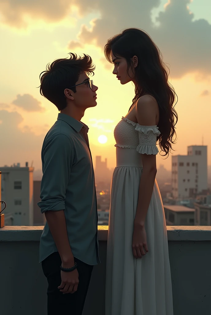 One sided loving Indian man having baby face & wearing glasses stand at the rooftop and a woman   with long height looking eachother with love love
