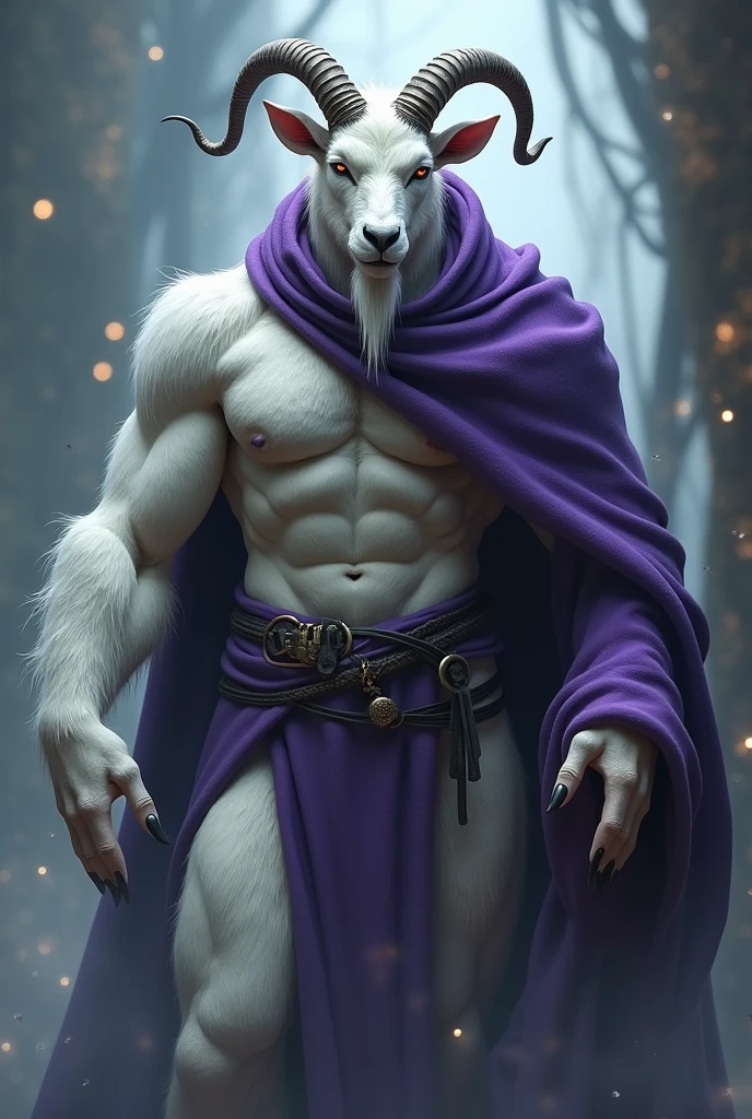 Make a muscular humanoid white goat wearing a purple hooded 