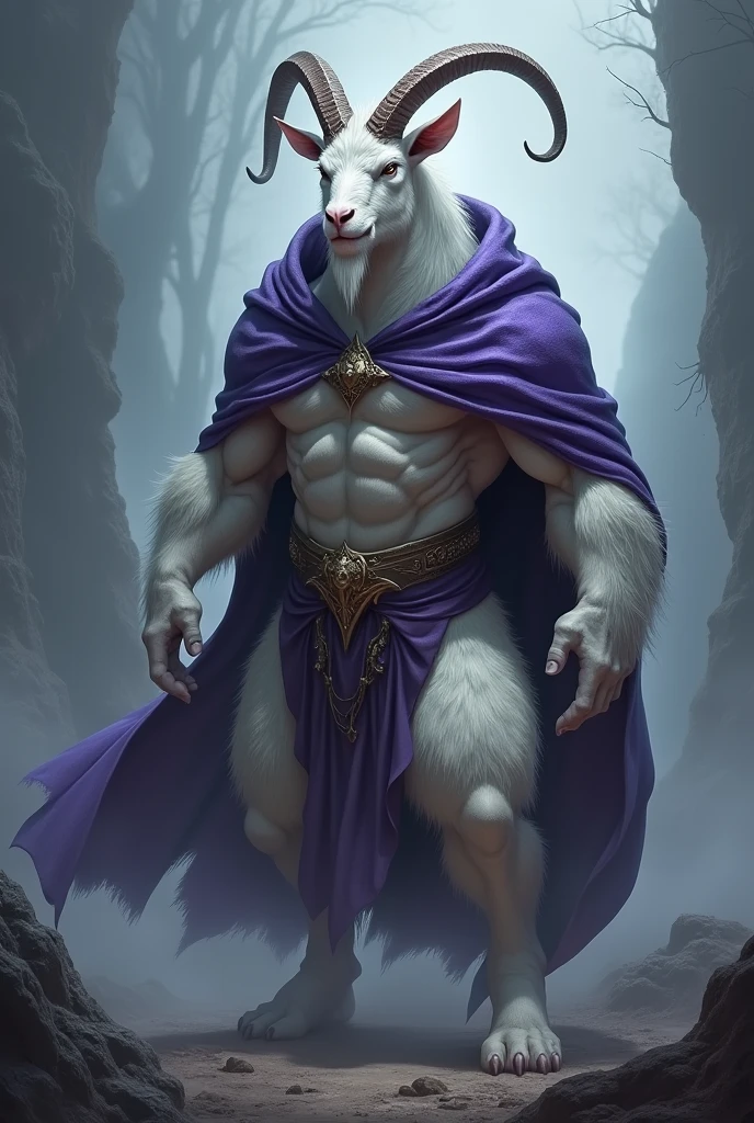 Make a muscular humanoid white goat wearing a purple hooded